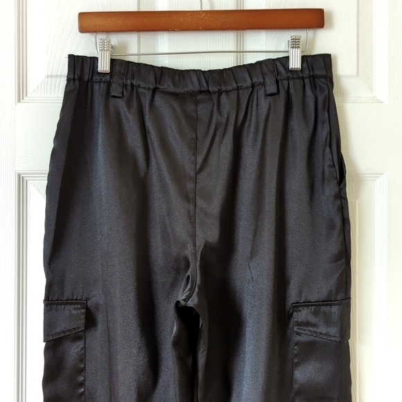 Catalina Satin High Waisted Straight Leg Ankle Cinch Cargo Pants Rich Black M - Picture 6 of 15